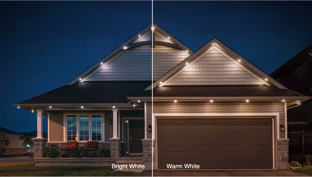 Side-by-side comparison of a home showcasing bright white vs. warm white exterior lighting.